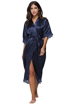 Estate Patchwork di pizzo Raso Kimono Robe Indumenti da notte sexy Lingerie Camicie Donna Camicia da notte lunga in seta Abiti da damigella d'onore da sposa