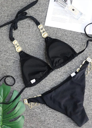Catene di metallo con scollo all'americana Strass Diamante Bikini Costume da bagno donna Costumi da bagno femminili Due pezzi Bikini set Costume da bagno brasiliano Swim platinumshop