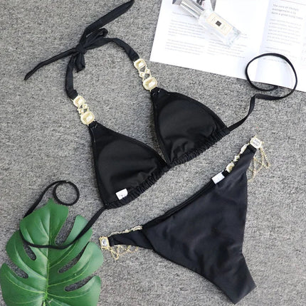 Catene di metallo con scollo all'americana Strass Diamante Bikini Costume da bagno donna Costumi da bagno femminili Due pezzi Bikini set Costume da bagno brasiliano Swim platinumshop