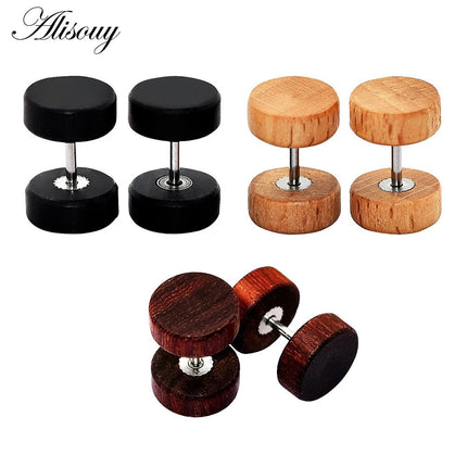 Alisouy 2PC Moda Orecchini a bottone in legno Orecchini Marrone naturale Nero 8 10 12mm Punk Bilanciere Tappi per le orecchie finti Brincos per le donne degli uomini platinumshop