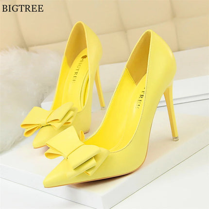 BIGTREE Rosso Blu Nero Scarpe Bowknot Dolce Donna Décolleté in morbida pelle Punta a punta Donna Tacchi alti Abito a spillo Scarpe da donna da ufficio