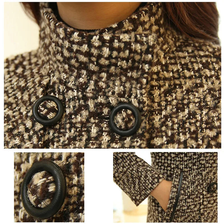 New Women's Wool Blends Coat Winter 2026 Autumn Fashion Elegant Mother Turtleneck Plaid Slim Long Tweed Woolen Outerwear Female