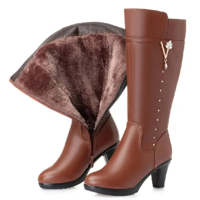 GKTINOO Winter Knee High Boots Warm Wool Fur Shoes Woman High Heels Soft Leather Non-slip Women's Winter Boots Footwear Botas
