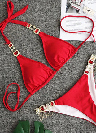 Catene di metallo con scollo all'americana Strass Diamante Bikini Costume da bagno donna Costumi da bagno femminili Due pezzi Bikini set Costume da bagno brasiliano Swim platinumshop