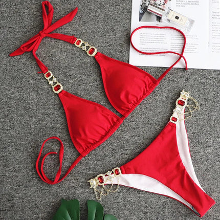 Catene di metallo con scollo all'americana Strass Diamante Bikini Costume da bagno donna Costumi da bagno femminili Due pezzi Bikini set Costume da bagno brasiliano Swim platinumshop