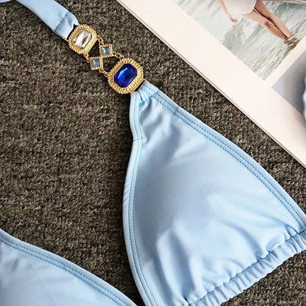 Catene di metallo con scollo all'americana Strass Diamante Bikini Costume da bagno donna Costumi da bagno femminili Due pezzi Bikini set Costume da bagno brasiliano Swim platinumshop