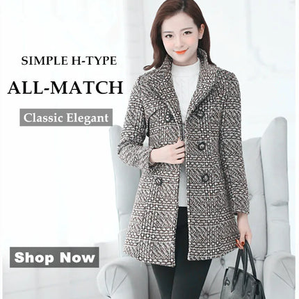 New Women's Wool Blends Coat Winter 2026 Autumn Fashion Elegant Mother Turtleneck Plaid Slim Long Tweed Woolen Outerwear Female