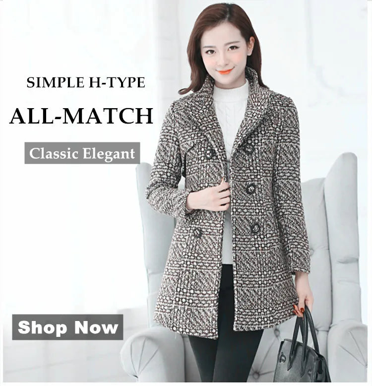 New Women's Wool Blends Coat Winter 2026 Autumn Fashion Elegant Mother Turtleneck Plaid Slim Long Tweed Woolen Outerwear Female