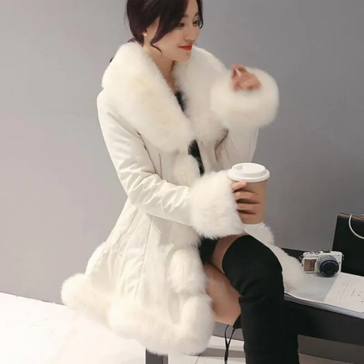 New Fashion Womens Big Faux Fur Coats Fur Collar Leather Mid Long Parkas Winter Female Warm Fur Outwear Beige Coats Clothes