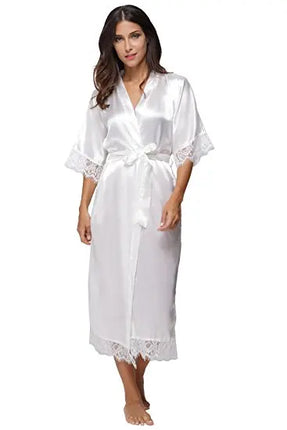Estate Patchwork di pizzo Raso Kimono Robe Indumenti da notte sexy Lingerie Camicie Donna Camicia da notte lunga in seta Abiti da damigella d'onore da sposa