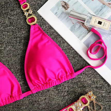 Catene di metallo con scollo all'americana Strass Diamante Bikini Costume da bagno donna Costumi da bagno femminili Due pezzi Bikini set Costume da bagno brasiliano Swim platinumshop