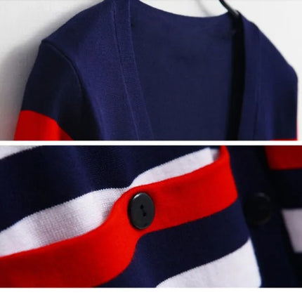2021 New Fashion Women Spring Autumn Slim Sweater Cardigan V-Neck Medium-Long Stripe Cardigan Women Knitted Outerwear Female