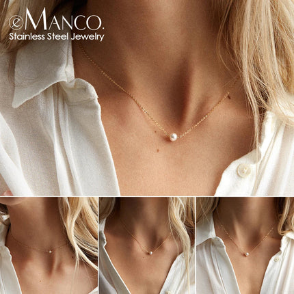 e-Manco Stainless Steel Choker imitated  Pearl Necklaces for Women Gold Color Layered Chain Necklace Jewelry PlatiNum