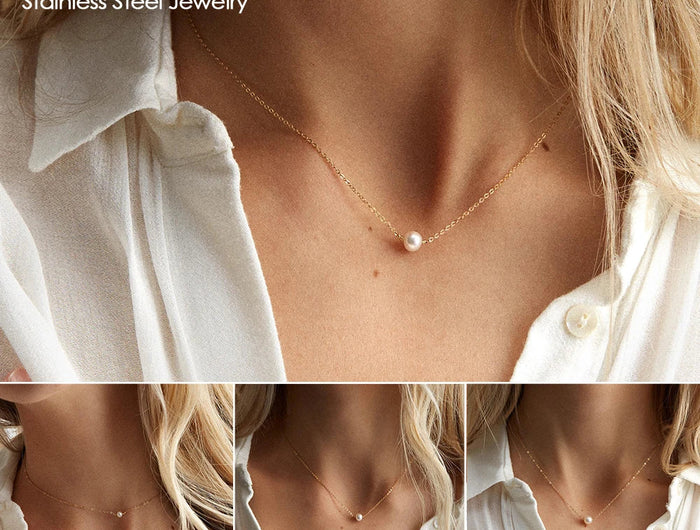 e-Manco Stainless Steel Choker imitated  Pearl Necklaces for Women Gold Color Layered Chain Necklace Jewelry PlatiNum