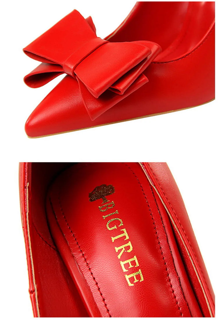 BIGTREE Rosso Blu Nero Scarpe Bowknot Dolce Donna Décolleté in morbida pelle Punta a punta Donna Tacchi alti Abito a spillo Scarpe da donna da ufficio
