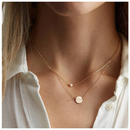 e-Manco Stainless Steel Choker imitated  Pearl Necklaces for Women Gold Color Layered Chain Necklace Jewelry PlatiNum
