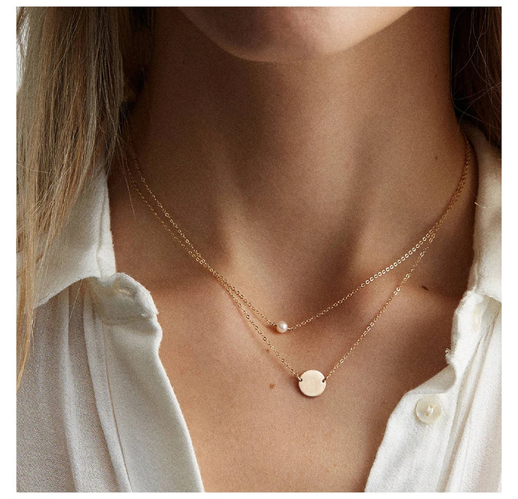 e-Manco Stainless Steel Choker imitated  Pearl Necklaces for Women Gold Color Layered Chain Necklace Jewelry PlatiNum