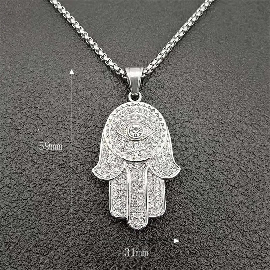 Collana con ciondolo mano di Fatima turca malocchio Hamsa Catene ghiacciate in acciaio inossidabile color oro per gioielli Hip Hop da donna