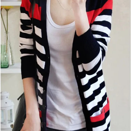 2021 New Fashion Women Spring Autumn Slim Sweater Cardigan V-Neck Medium-Long Stripe Cardigan Women Knitted Outerwear Female