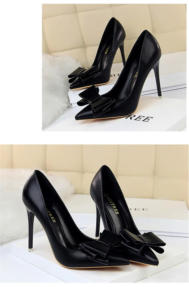 BIGTREE Rosso Blu Nero Scarpe Bowknot Dolce Donna Décolleté in morbida pelle Punta a punta Donna Tacchi alti Abito a spillo Scarpe da donna da ufficio