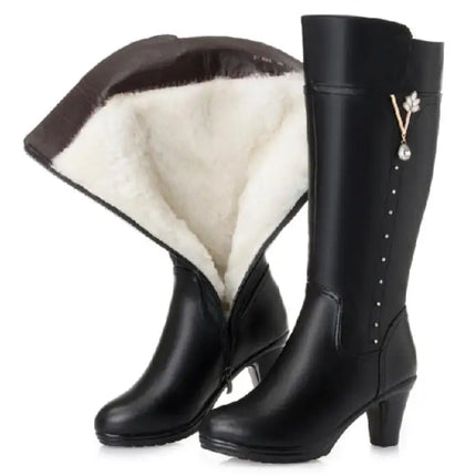 GKTINOO Winter Knee High Boots Warm Wool Fur Shoes Woman High Heels Soft Leather Non-slip Women's Winter Boots Footwear Botas