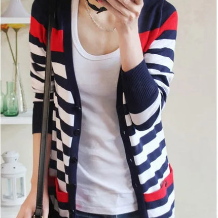 2021 New Fashion Women Spring Autumn Slim Sweater Cardigan V-Neck Medium-Long Stripe Cardigan Women Knitted Outerwear Female