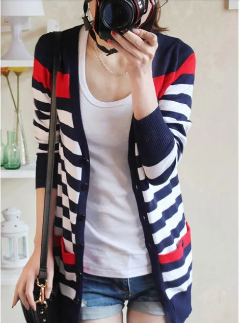 2021 New Fashion Women Spring Autumn Slim Sweater Cardigan V-Neck Medium-Long Stripe Cardigan Women Knitted Outerwear Female