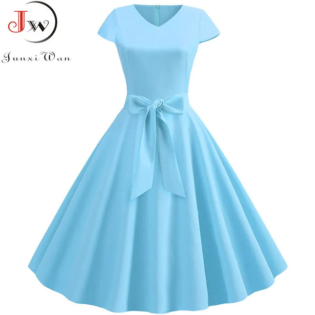 Women's Vintage Summer Dress with Belt Short Sleeve V-Neck Elegant Retro Party Swing Dresses