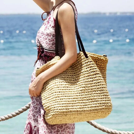 Women's Bag Summer Beach Bag Large Capacity Knitted Straw Hand-woven Rattan Beach Bag Bohemia Leather Women's Shoulder Bag New