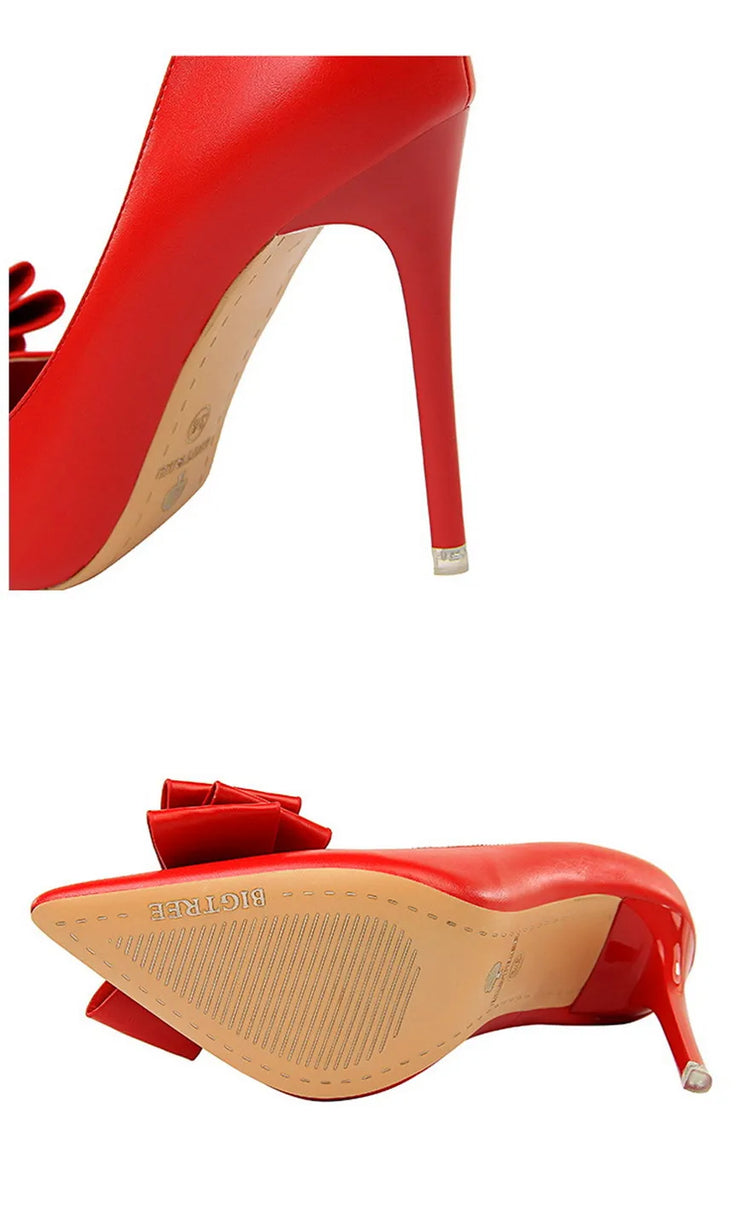 BIGTREE Rosso Blu Nero Scarpe Bowknot Dolce Donna Décolleté in morbida pelle Punta a punta Donna Tacchi alti Abito a spillo Scarpe da donna da ufficio