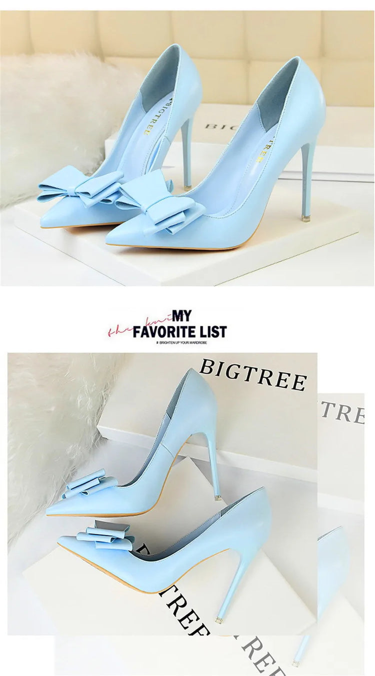 BIGTREE Rosso Blu Nero Scarpe Bowknot Dolce Donna Décolleté in morbida pelle Punta a punta Donna Tacchi alti Abito a spillo Scarpe da donna da ufficio
