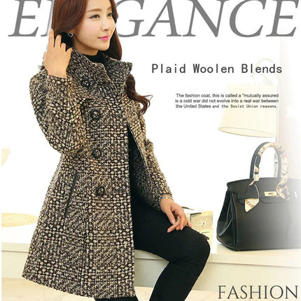 New Women's Wool Blends Coat Winter 2026 Autumn Fashion Elegant Mother Turtleneck Plaid Slim Long Tweed Woolen Outerwear Female
