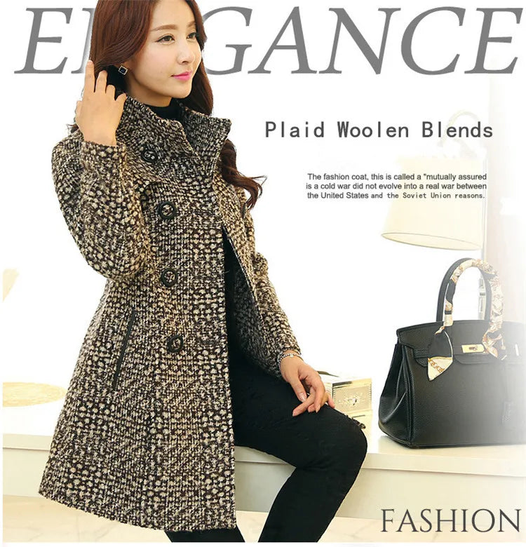 New Women's Wool Blends Coat Winter 2026 Autumn Fashion Elegant Mother Turtleneck Plaid Slim Long Tweed Woolen Outerwear Female