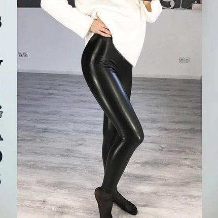 BIVIGAOS Fashion Women PU Leather Pants Elastic High Waist Winter Leggings Slim Velvet Leather Leggings Skinny Fleece Trousers PlatiNum