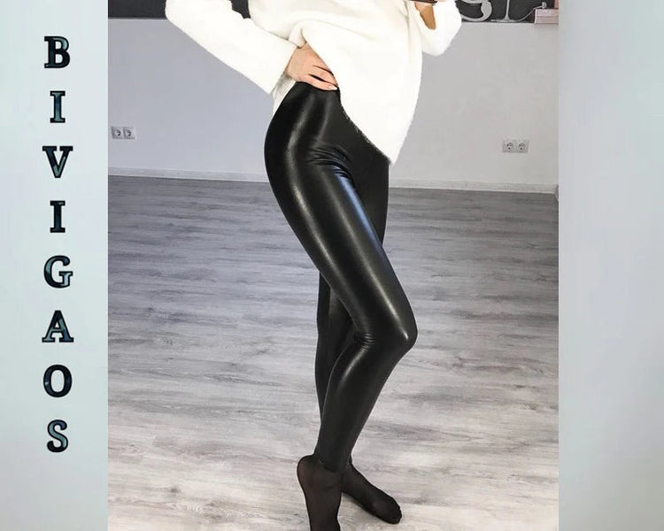 BIVIGAOS Fashion Women PU Leather Pants Elastic High Waist Winter Leggings Slim Velvet Leather Leggings Skinny Fleece Trousers PlatiNum
