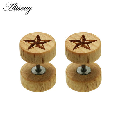 Alisouy 2PC Moda Orecchini a bottone in legno Orecchini Marrone naturale Nero 8 10 12mm Punk Bilanciere Tappi per le orecchie finti Brincos per le donne degli uomini platinumshop