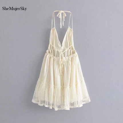 SheMujerSky Sexy Lace Patchwork Backless Mini Dress Summer V Neck Halter Dresses Women's Dress Elegant Party