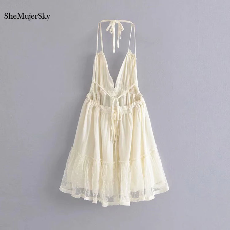 SheMujerSky Abito sexy con giunture in pizzo senza schienale Mini abiti estivi con scollo a V e scollo all'americana Abito da donna Elegante da sera