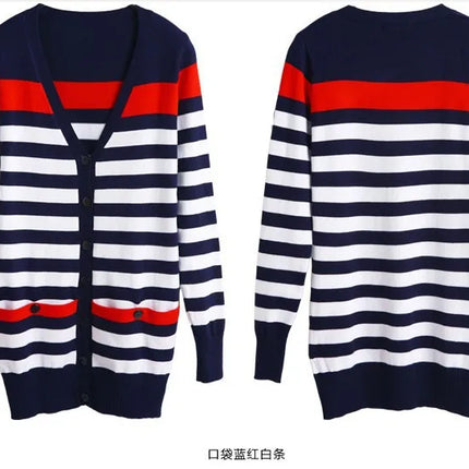 2021 New Fashion Women Spring Autumn Slim Sweater Cardigan V-Neck Medium-Long Stripe Cardigan Women Knitted Outerwear Female