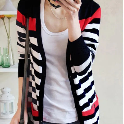 2021 New Fashion Women Spring Autumn Slim Sweater Cardigan V-Neck Medium-Long Stripe Cardigan Women Knitted Outerwear Female