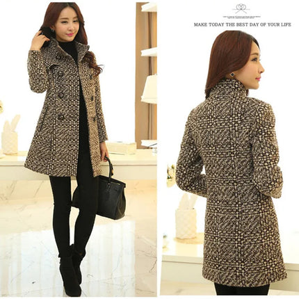 New Women's Wool Blends Coat Winter 2026 Autumn Fashion Elegant Mother Turtleneck Plaid Slim Long Tweed Woolen Outerwear Female