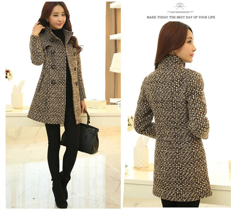 New Women's Wool Blends Coat Winter 2026 Autumn Fashion Elegant Mother Turtleneck Plaid Slim Long Tweed Woolen Outerwear Female