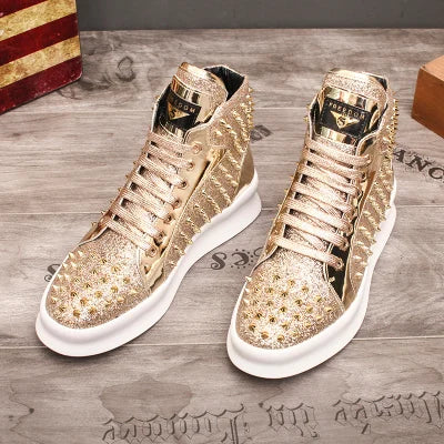 Fashion Casual Shoes Mens Solid Rivets High Top Sneakers Bottom Flats Fashion Ankle Lace-Up Shoes Ankle Boots Zapatillas Hombre