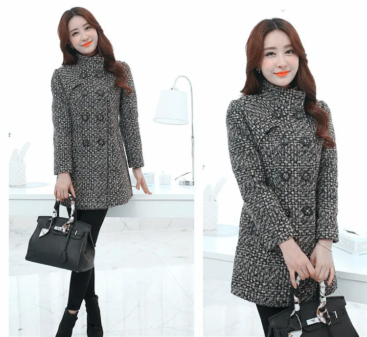 New Women's Wool Blends Coat Winter 2026 Autumn Fashion Elegant Mother Turtleneck Plaid Slim Long Tweed Woolen Outerwear Female