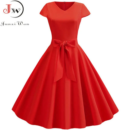 Robe d'été vintage pour femme avec ceinture, manches courtes, col en V, élégante robe de soirée rétro évasée