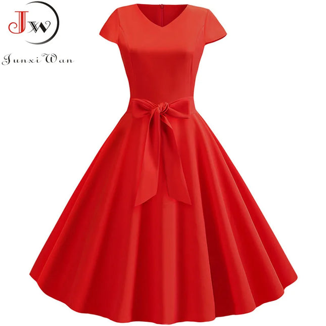 Women's Vintage Summer Dress with Belt Short Sleeve V-Neck Elegant Retro Party Swing Dresses
