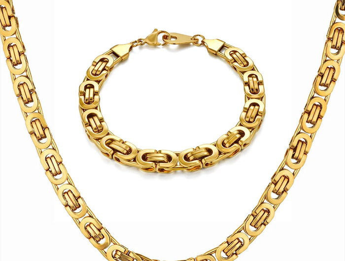 Set di catene a scatola bizantina Hip Hop Set di gioielli in acciaio inossidabile massiccio color oro per uomo / donna 2019 Vendita calda Collana e bracciale RU platinumshop