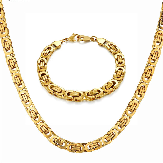 Set di catene a scatola bizantina Hip Hop Set di gioielli in acciaio inossidabile massiccio color oro per uomo / donna 2019 Vendita calda Collana e bracciale RU platinumshop