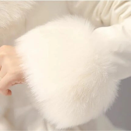 New Fashion Womens Big Faux Fur Coats Fur Collar Leather Mid Long Parkas Winter Female Warm Fur Outwear Beige Coats Clothes