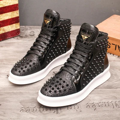 Fashion Casual Shoes Mens Solid Rivets High Top Sneakers Bottom Flats Fashion Ankle Lace-Up Shoes Ankle Boots Zapatillas Hombre